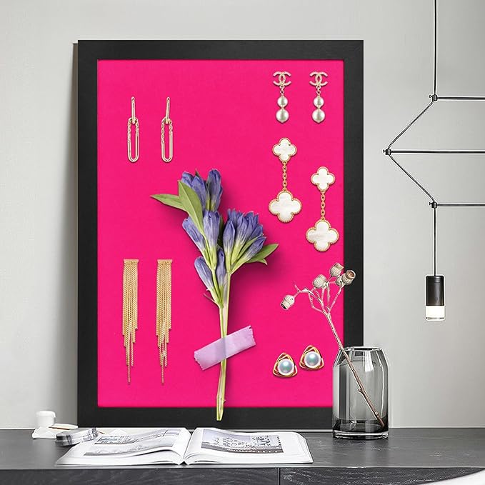 Pink Bulletin Boards Cork Board with Felt, 15"x11" Small Display Pin Board Vision Board for Walls, Jewelry, Notes, Collection, Photos, Office, Wood Framed(Black) & Felt(Pink), 1pc