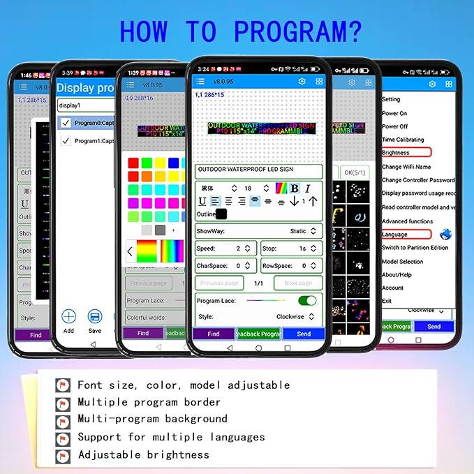 P10 Outdoor Programmable Scrolling Led Digital Sign , Electronic Sign Display Marquee Screen Custom Word Advertising Message Board for Business Store Restaurants Window, Wifi Control Full Color115"X14"