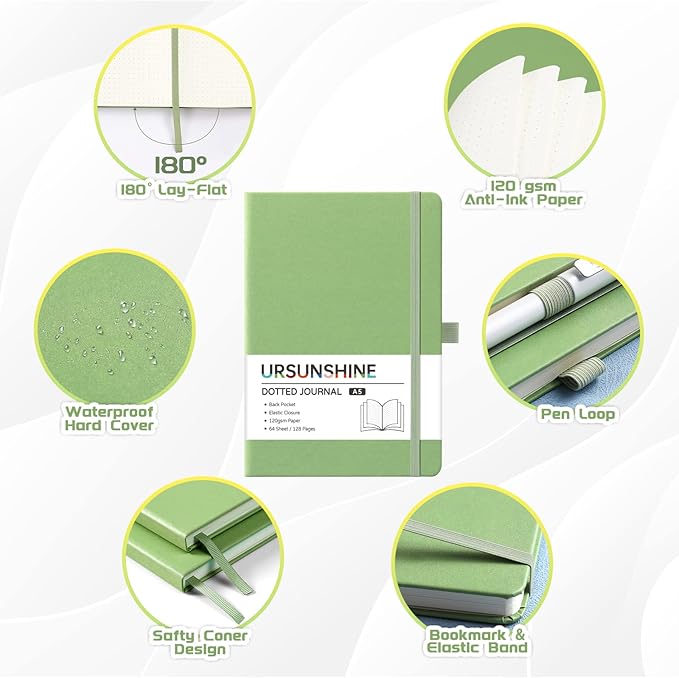 Dotted Journal/Notebook - Dot Grid Hard Cover Notebook, Premium Thick Paper with Fine Inner Pocket, Black Smooth Faux Leather, Pen Loop, 5.3'' x 8.26'' - Light Green