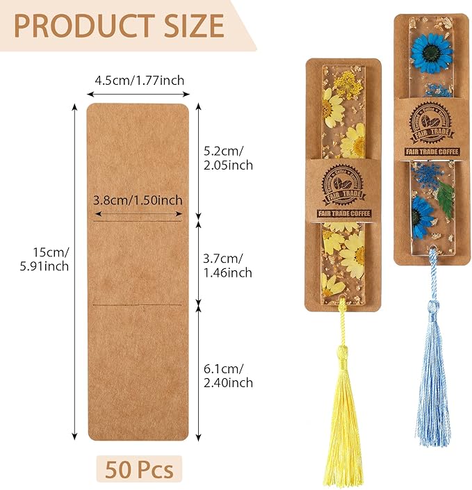 Fumete 50 Pieces Resin Bookmark Holder 5.9 x 1.8 Inches Kraft Sleeves DIY Bookmarks Display Cards for Wrapping Small Business Packaging Supplies Party Favor Gift (Brown, Cute)