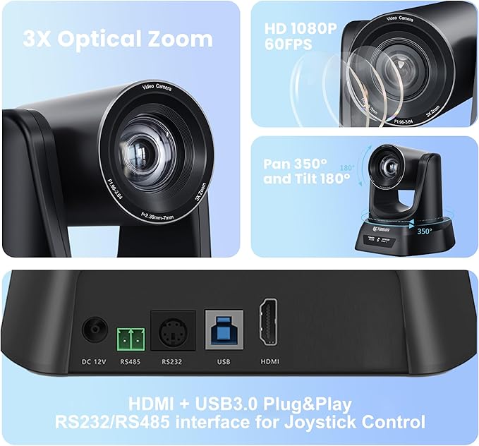 3X Optical Zoom PTZ Camera HDMI USB 3.0 1080P 60fps 114-Degree Wide-Angle for Video Conference Business Meeting Live Streaming Online Learn with Zoom Skype Teams OBS and More