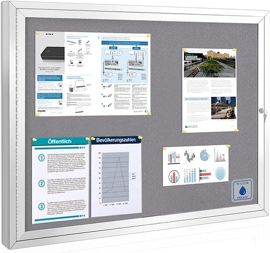SWANCROWN Enclosed Bulletin Board Grey Felt Displays Boards Weather Resistant Wall Mounted Notice Case,37x28inches