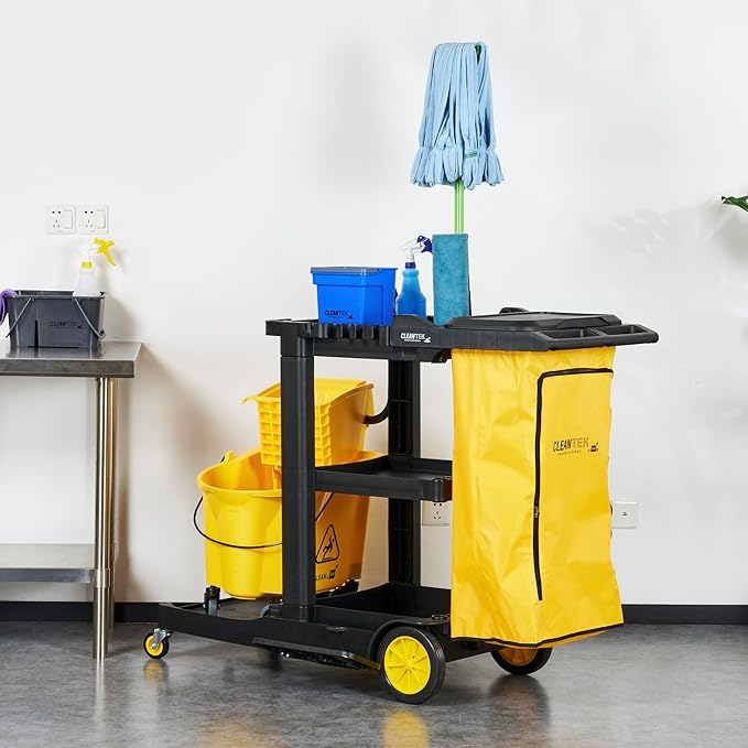 Restaurantware-Clean Tek Professional Janitor Cart with Wheels, 1 Cleaning Trolley with Cover and 21 Gallon Bag - 3 Shelves, Heavy-Duty, Gray Plastic Commercial Janitorial Cart, for Restaurants