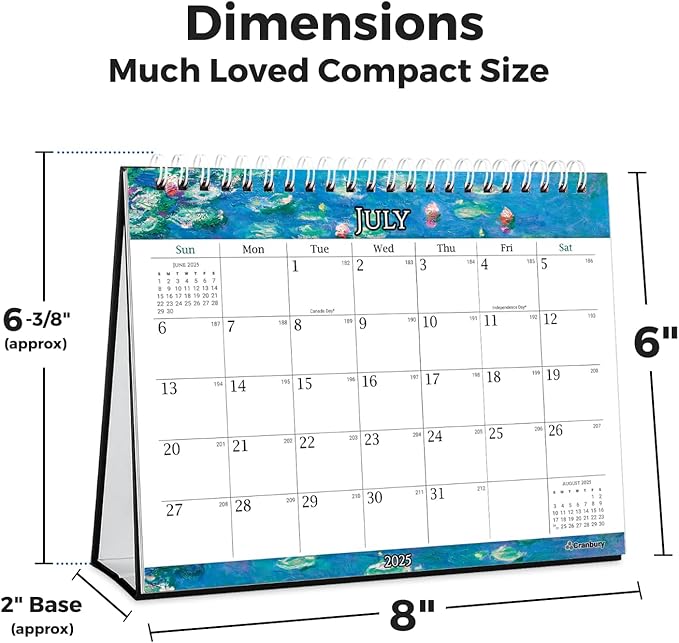 CRANBURY Small Desk Calendar 2025, 8x6" (Artwork), Standing Desktop Calendar with Gorgeous Monthly Designs, Perfect Size Stand Up Calendar, Stickers