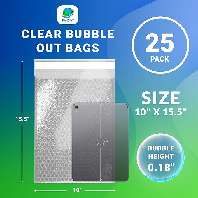 Clear Bubble Out Bags, 10 x 15.5 Inches. 25 Pack Self Seal Bubble Pouches. Polyethylene Clear Bubble Bags for Packing. Waterproof Clear Bubble Out Pouches for Fragile Things