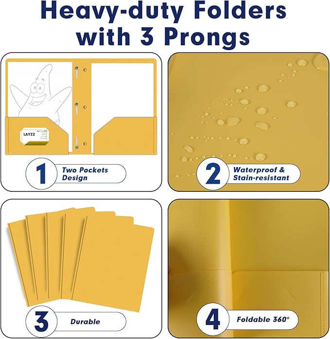 Plastic 2 Pocket Folders with Prongs, 30 Pack, Heavyweight, Letter Size Poly Folders with 3 Metal Prongs Fastener Clips (Yellow)