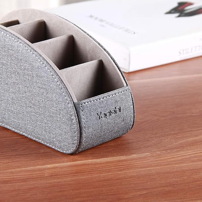 TV Remote Control Holder with 5 Compartments,Pu Leather Remote Caddy/Box/Tray Nightstand Desktop Storage Organizer Store DVD,Blu-Ray,Media Player,Heater Controllers and Makeup Office Supplies Grey