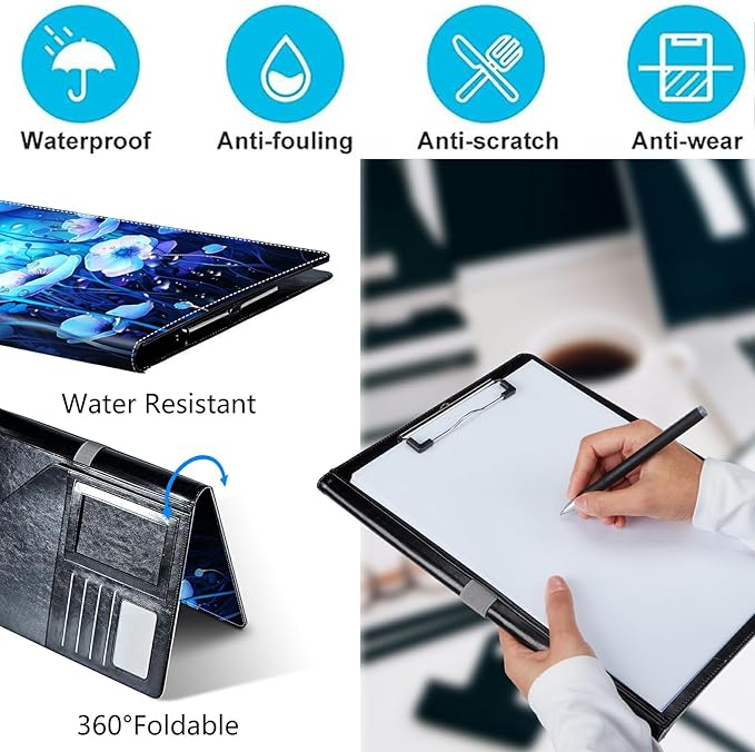 PU Leather Padfolio Folder Clipboard Portfolios Organizer Conference Document Organizer with Business Card Holder Storage Clipboard Writing Pad,Blue Flowers