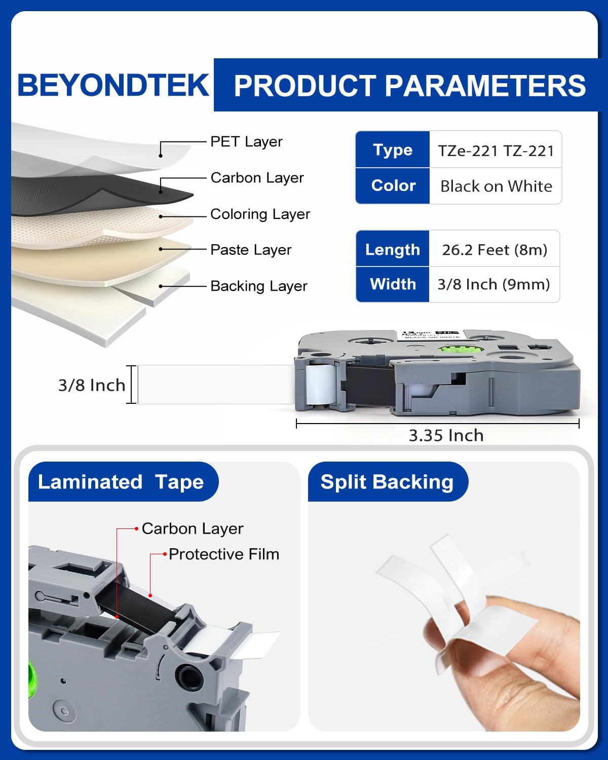 Tze-221 TZe221 Compatible for Brother P Touch TZ Tape 9mm 0.35 Laminated White Tape TZ-221 Label Tape for Brother Ptouch Label Maker PT-D200 PT-D400 PT-D600 PT-H110, Black on White, 6-Pack