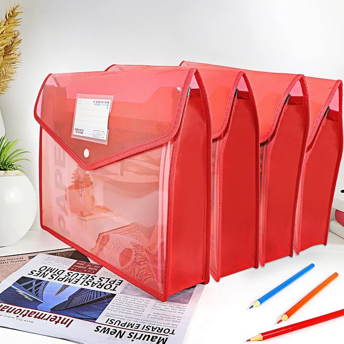 YoeeJob Plastic File Folders Legal Size 2 Pcs, Expandable Document Folder with Snap Button Closure, A4 Expanding File Wallet Envelopes Pouch with Label Pocket, Red