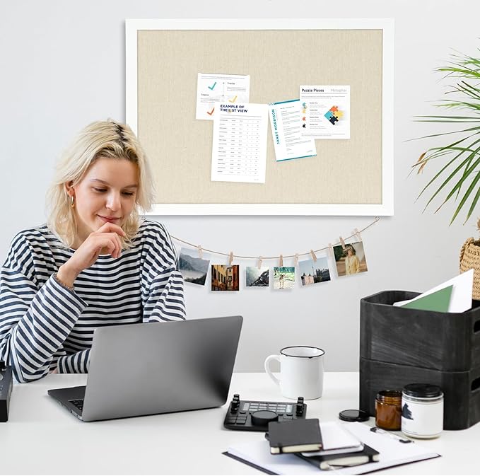 DOLLAR BOSS Cork Board Bulletin Board with Linen Double-Sided 36" x 24" Linen Corkboards for Walls Picture Display Vision Board for Office Home School Framed Picture Pin Board, 20 Pushpins 10 Clips