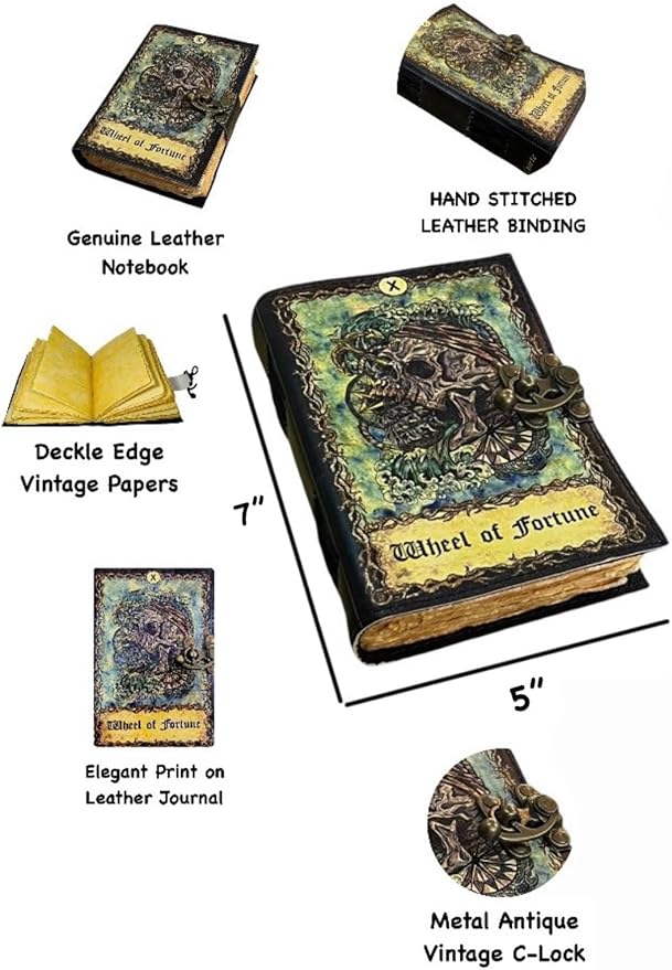 Spell Book of Shadows Journal with Lock Clasp Witchcraft Supplies Vintage Handmade Leather Luna Moths and Morpho Butterfly Print Diary Witchcraft Supplies (Wheel of Fortune)