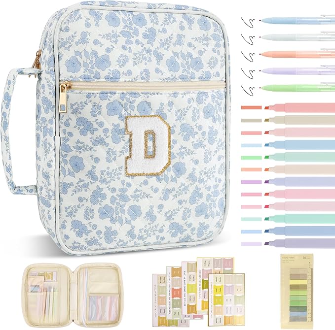 Personalized Initial Bible Cover Case for Women Girls Kid - Large Quilted Bible Case with Handle, Stylish Chenille Letter Bag Study Supplies, Perfect Christmas Gifts for Christians (Blue Flower-D)