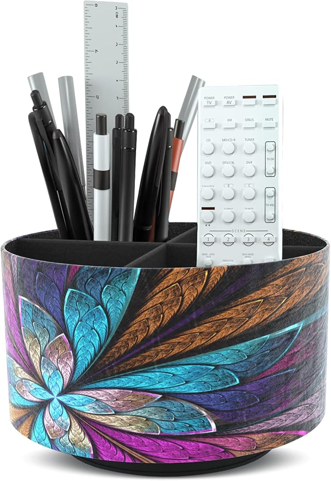 Hennaja Round Leather Art Supply Organizer,Remote Control Holder,360 Degree Rotating,Multi-Functional Pencil Holder,4 Compartments Desktop Stationary Organizer(1-Fractal Flower)