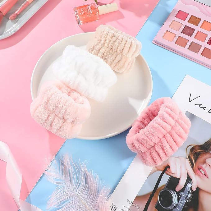 Chuangdi 4 Pairs Wrist Bands for Washing Face Wrist Spa Microfiber Wash Towel Band Scrunchies Absorbent Wristbands Sweatband for Women Prevent Liquid from Spilling