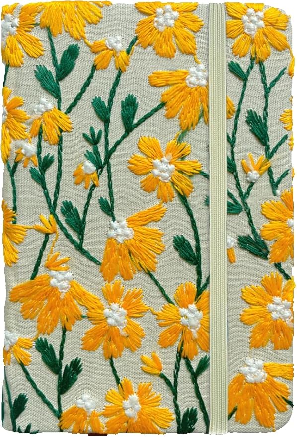 Daisy Gifts for Women, Flower Embroidered Journal, Pocket Sketchbook, A6, Small Unlined Notebook 4x6, Hardcover, Lay Flat, Elastic Band, Cute Notebooks, Pretty Journal, Yellow Daisy