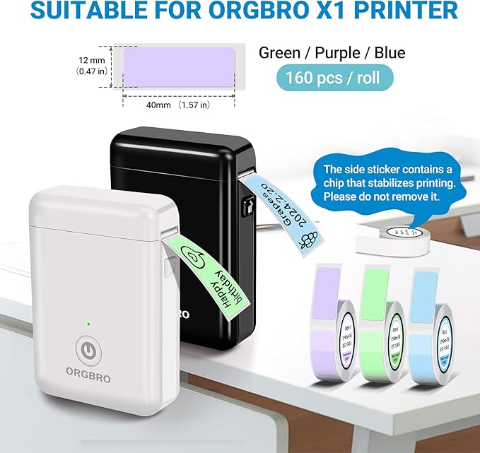 ORGBRO X1 Label Maker Tape, Genuine Thermal Label Print Paper 0.47"×1.57"(12×40mm), Standard Laminated Office Labeling Tape Replacement, 160 Tapes/Roll, 3-Roll, Green/Purple/Blue