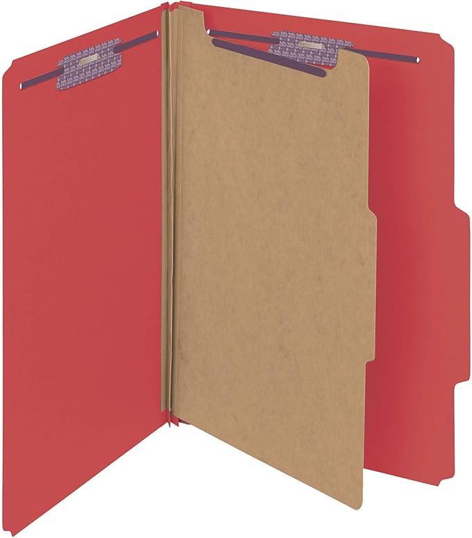 Smead Pressboard Classification File Folder with SafeSHIELD Fasteners, 1 Divider, 2" Expansion, Legal Size, Bright Red, 10 per Box (18731)