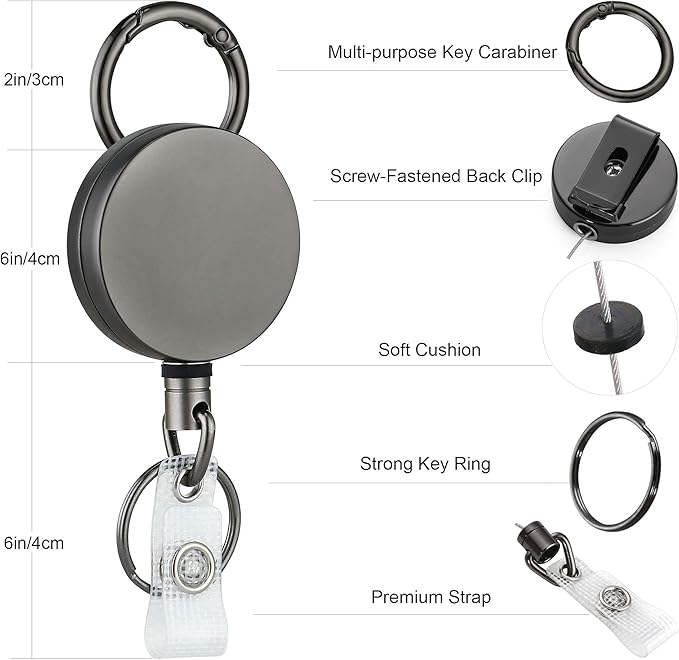 Will Well ID Badge Holder Reel with Clip and Keyring - Heavy-Duty All-Metal Casing with 27.5" UHMWPE Fiber Pull Cord for Durability and Easy Access, Holds up to 8 Keys - 2-Pack, Round, Glossy Silver