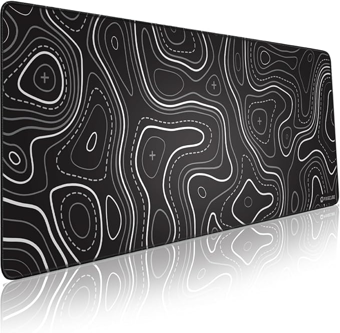 Minimalist Topographic Map Mouse Pad - Contour Extended Large Stitch Edge Mousepad. Black & White Non-Slip XL Gaming Desk Mat