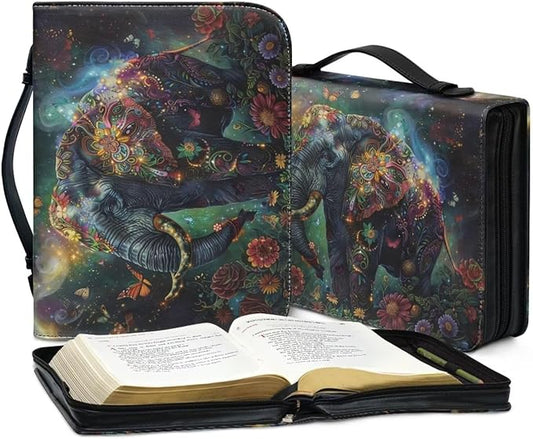 Lotusorchid Floral Mandala Elephant Printed Bible Covers Christ Church Bag for Women Leather Bible Case with Handle Pen Storage Zippered Pocket Waterproof Bible Carrier Bible Protective Cover