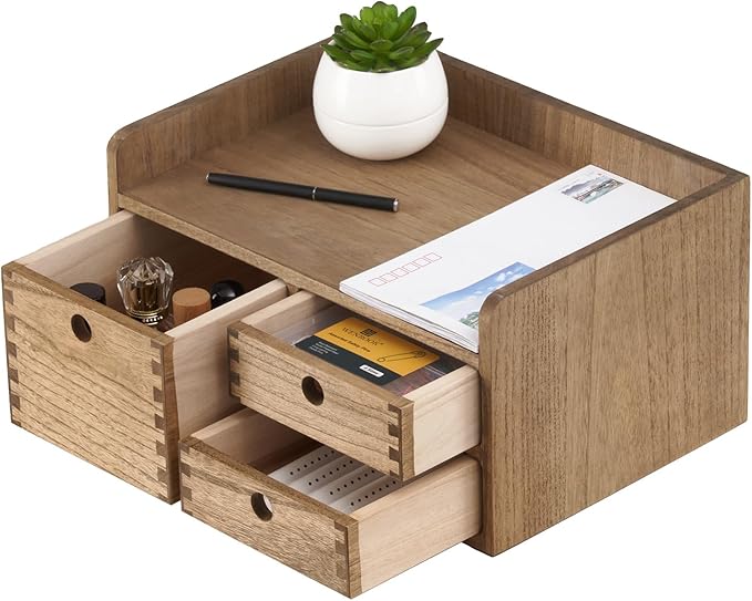KIRIGEN Desk Organizer with 3 Drawers - Wood Drawer Storage Box with Trays for Tabletop - Workspace Office Toiletries Supplies Tool Caddy - Wooden Storage Cabinet1 Layer Dark Brown（DT1D3C-DBR）