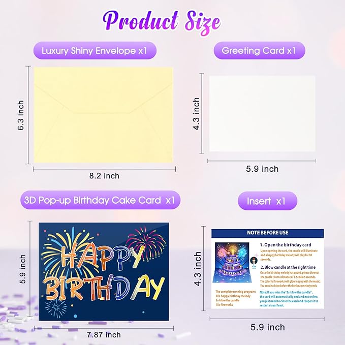 Fireworks Birthday Cards, 3D Pop Up Blowable Cake Greeting Cards with Lights Music, Happy Birthday Gifts for Women Men Kids Mom Dad Grandma