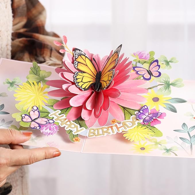 Pop Up Birthday Cards For Women&Wife, Beautiful Flowers and Monarch Butterfly, Elegant, Floral 3D Happy Birthday Greeting Cards, Ideal Gift for Mom, Sister, Her, Grandma, Aunt, Daughter, Stepmother