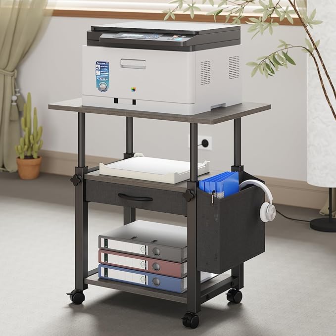 22"x15" Large Printer Stand with Storage Drawer and Side Bag, 3-Tier Height Adjustbale Printer Cart for Home Office, Rolling Printer Table fit Heat Press/Laser printer/3D Printer(Grey)