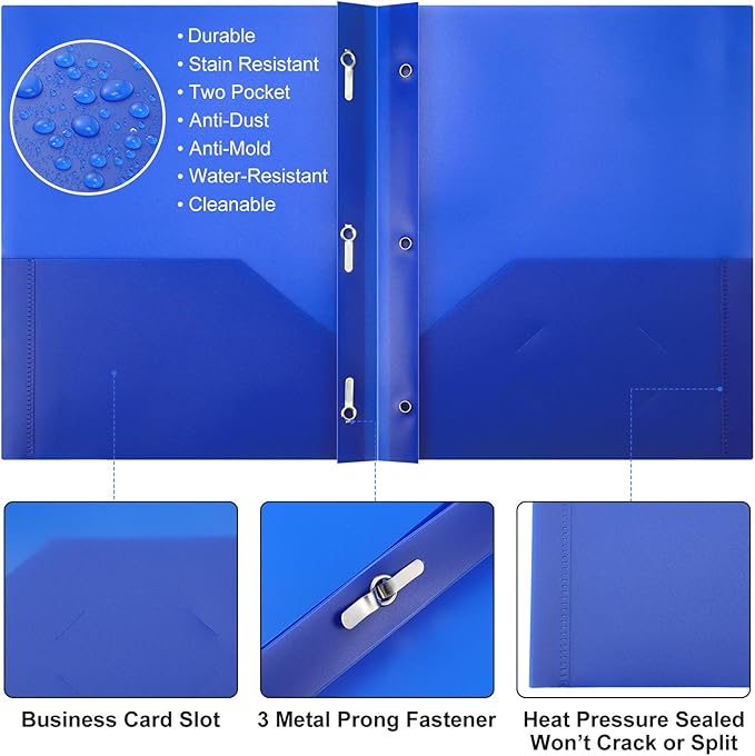 Cholemy 36 Pcs Plastic Pocket Folders with Prong 2 Heavy Duty Pockets Folders with 3 Prongs Letter Size Paper Folders Bulk File Plastic Folders with Fasteners for Office Workers (Black,Blue)