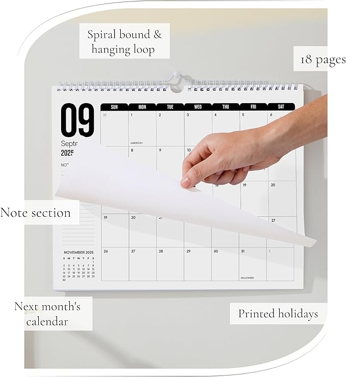 Makaplan Black & White Horizontal Coil Wall Calendar 2025-18 Month Calendar January 2025 to June 2026, 11x13.5 Inches Sleek Black & White Design with Spiral Twin-Wire Binding