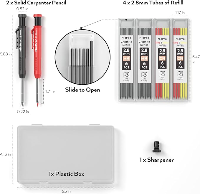 Nicpro Carpenter Pencil with Sharpener, Mechanical Pencils Set with 26 Refills, Deep Hole Marker for Construction, Heavy Duty Woodworking Pencils for Architect (Black, Red) - With Case