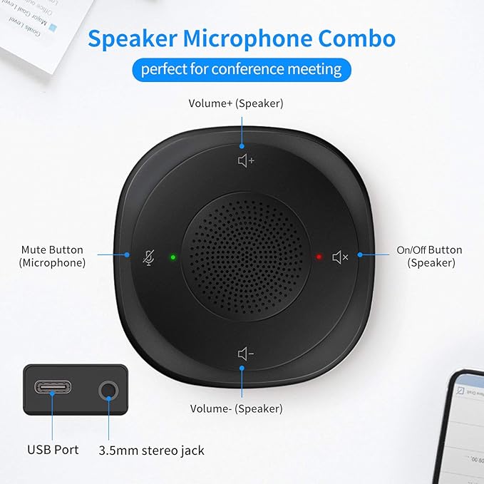 USB Speakerphone Microphone, Conference Speaker Omnidirectional Computer Mic, with 360º Voice Pickup, Touch-Sensor Buttons for Mute/unmute, Streaming, Call Speaker Skype, Webinar, Interview -(JV801)