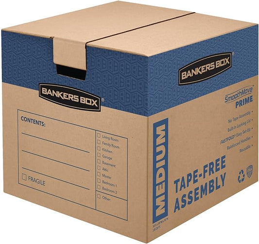 Bankers Box Medium Prime Moving Box 8 Pack, Reinforced Handles, Tape-Free Assembly, Attached Lid, 18-in x 15-in x 14-in (0062806)