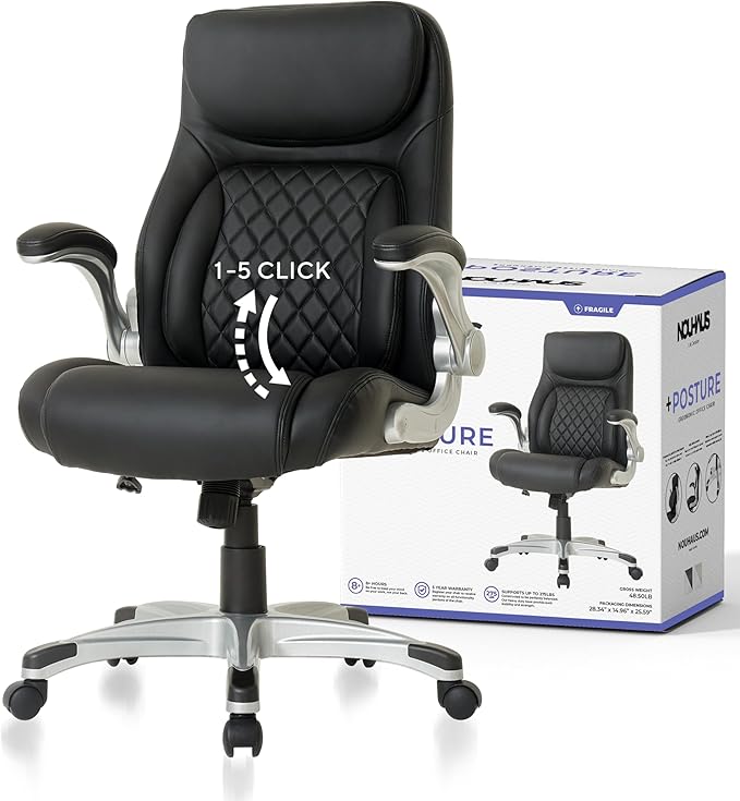 Nouhaus +Posture Ergonomic PU Leather Office Chair. Click5 Lumbar Support with FlipAdjust Armrests. Modern Executive Chair and Computer Desk Chair (Black)