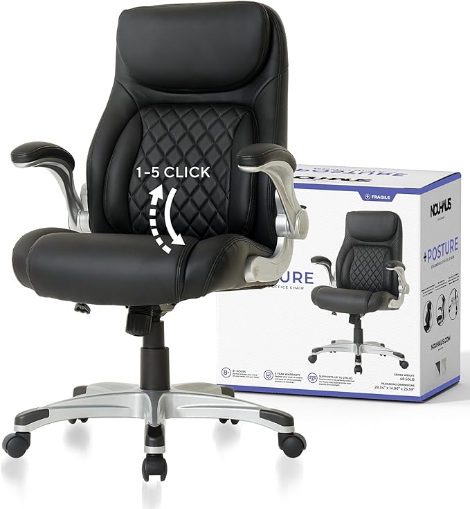 Nouhaus +Posture Ergonomic PU Leather Office Chair. Click5 Lumbar Support with FlipAdjust Armrests. Modern Executive Chair and Computer Desk Chair (Black)