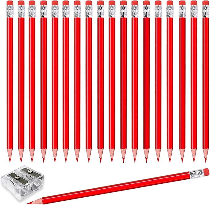 Adhere 25pcs Checking Pencils Erasable colored Pencils Pre-Sharpened #2 HB,for Checking Tests Grading Map Coloring,school Correcting,editing Office Favors,including a Free sharpener. (Red)