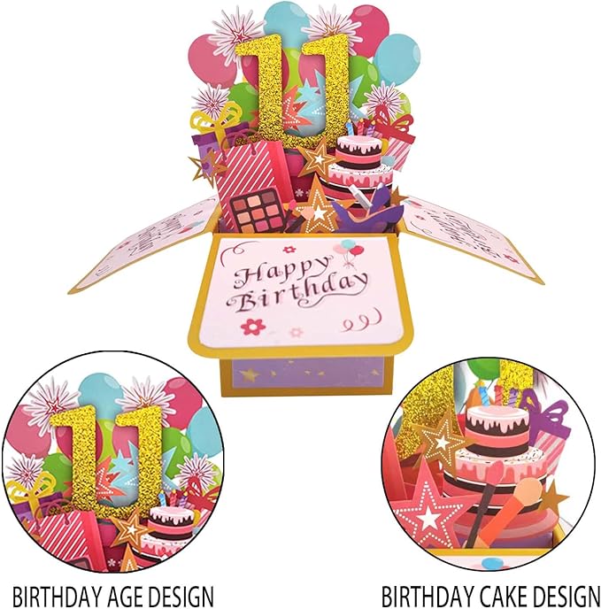 Asmallgf Happy 11th Birthday Popup Card for Daughter Son, Sweet Birthday Gift for 11 Years Old Girl Boy, Awesome Eleven Birthday 3D Greeting Card for Him Her, Best 11th Birthday Gift Idea for Niece Nephew