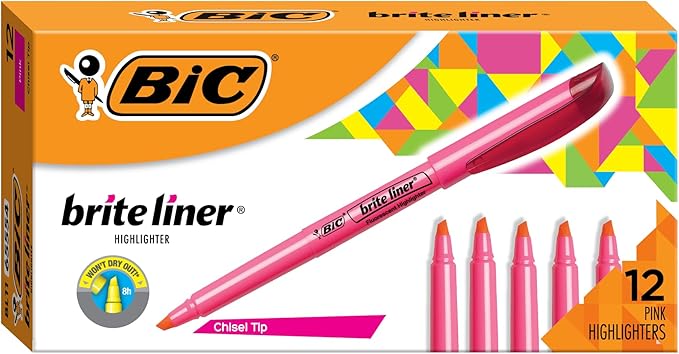 BIC Brite Liner Highlighters, Chisel Tip, 12-Count Pack of Pink Highlighters, Ideal Highlighter Set for Organizing and Coloring