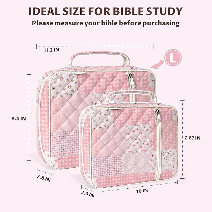 shirabags Quilted Bible Cover Case for Women - Elegant Cotton Bible Bag for Study, Church, Christian Gifts for Women (Pink Floral Patchwork, L)