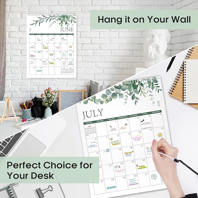 2025 Wall Calendar, Monthly Wall Calendar from January 2025 to June 2026, 14.7" x 11.5", Spiral Binding Hanging Wall Calendar, Perfect for Home or Office, Greenery Design