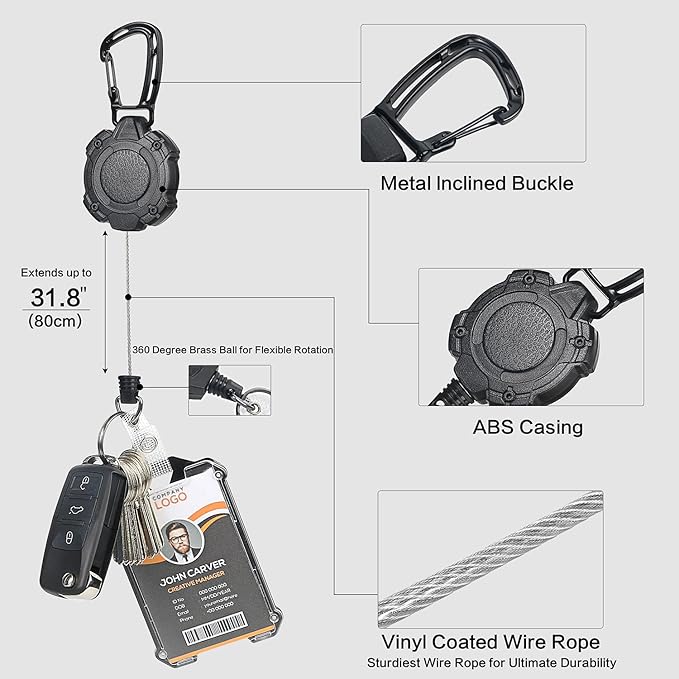 Badge Holder Retractable Clip Heavy Duty Badge Reel Retractable Keychain ID Badge Holder with Breakaway Lanyard ID Card Holder Cool Tactical Keychains