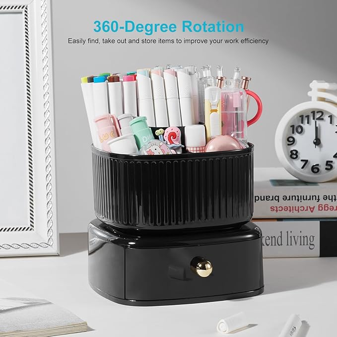 Desk Pencil Pen Holder with Drawer, 5 Slots 360 Degree Rotating Pencil Pen Organizers Desk Organizers for Office Accessories Shool Supply Black