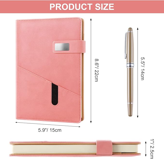 A5 Lined Leather Journal with Pen, 240 Pages Refillable Hardcover Notebook with Pocket and Magnetic Buckle, 80gsm Thick Daily Diary for Men and Women, Great Gift for Business Travel Personal - Pink