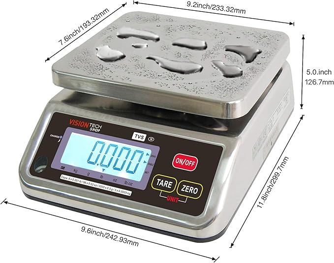 TVS Portion control Stainless steel Washdown Scale, Lb/Oz/Kg/g Switchable, Low Profile Design, 12lb Capacity, 0.002lb Readability, Single Display, NTEP Legal for Trade Coc #19-058