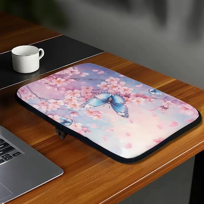 Butterfly Print Laptop Bag for Girls, 17 Inch Peach Blossom Laptop Sleeve Soft Laptop Case Bag for Girls, Waterproof Laptop Briefcase Computer Bag with Zipper