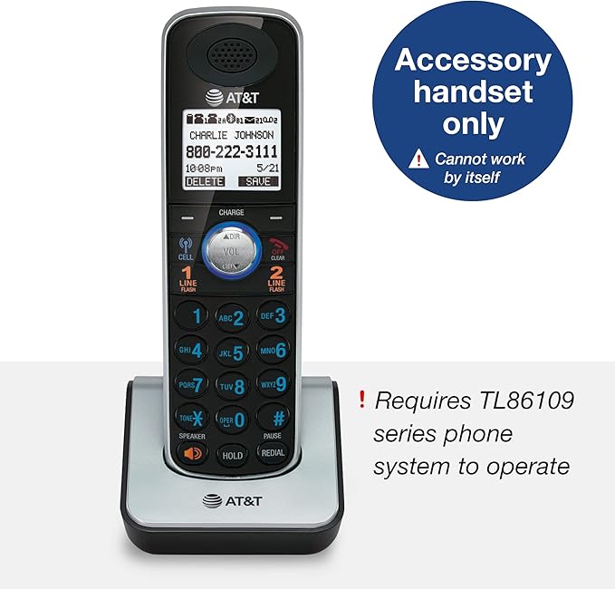 AT&T TL86009 Accessory Cordless Handset, Black/Silver | Requires an AT&T TL86109 Expandable Phone System to Operate