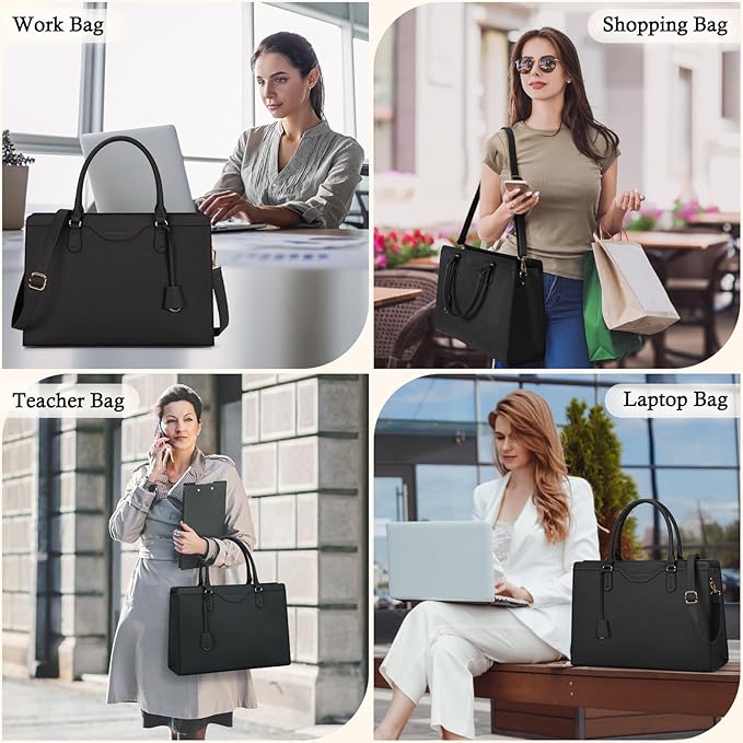 RAINSMORE Laptop Bag for Women 15.6 Inch Waterproof Leather Computer Tote Bag Professional Business Office Work Bags Briefcase Large Capacity Lightweight Women Handbag Shoulder Bag, Black