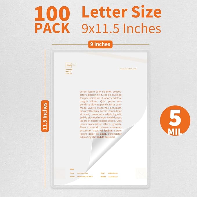 Binditek 100 Pack 5 Mil Thermal Laminating Pouches, 9x11.5 Inches Laminating Sheets, for Letter Size, Ultra Clear, Glossy, Hold 8.5x11 Inches, Heat Seal, School Office Supplies