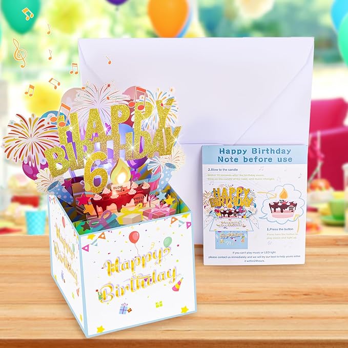 Tnvee 6TH Birthday Cards with Lights Music, 3D Pop Up Singing Happy Birthday Greeting Cards Gifts Ideal for 6 Year Old Kids Boy Girl